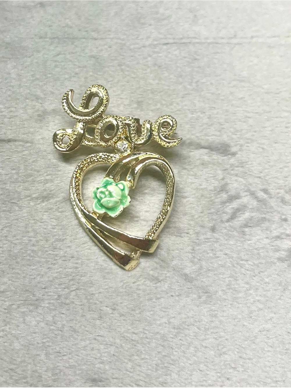 Vintage gold tone brooch lot - white flower - love - green - signed Gerry’s
